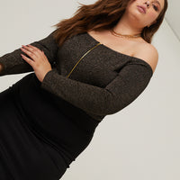 Curve Glittery Zip Up Top Plus Size Tops Gold 1XL -2020AVE