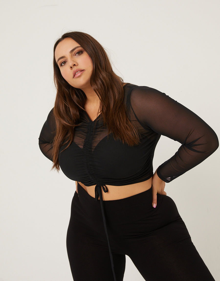 Curve Ruched Front Mesh Top Plus Size Tops -2020AVE