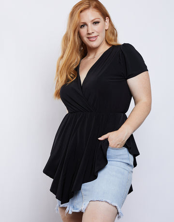 Curve Lauren Surplice Blouse Plus Size Tops Black 1XL -2020AVE
