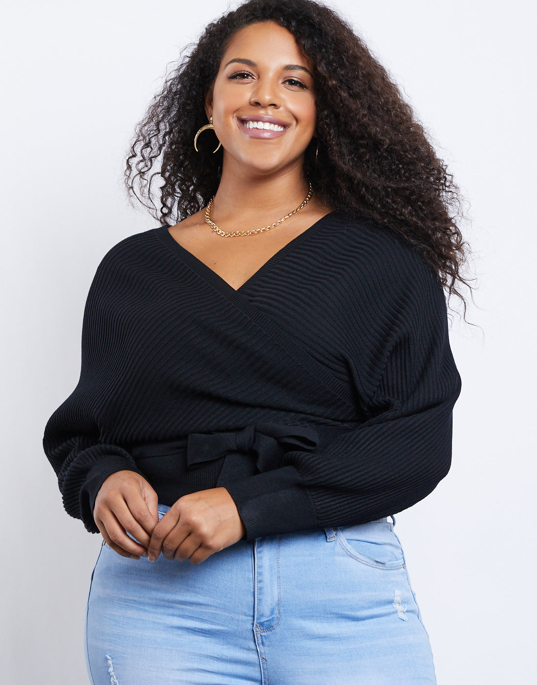 Curve Leigh V-Neck Sweater Plus Size Tops Black 1XL -2020AVE
