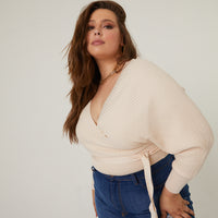 Curve Leigh V-Neck Sweater Plus Size Tops Beige 1XL -2020AVE