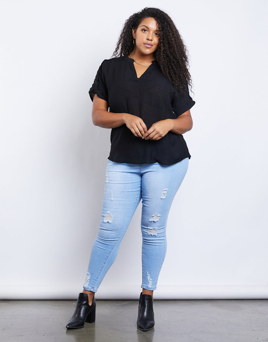 Curve Lightweight Woven Tee Plus Size Tops Black 1XL -2020AVE