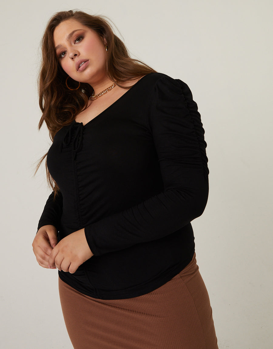 Curve Ruched Sleeve Top Plus Size Tops Black 1XL -2020AVE
