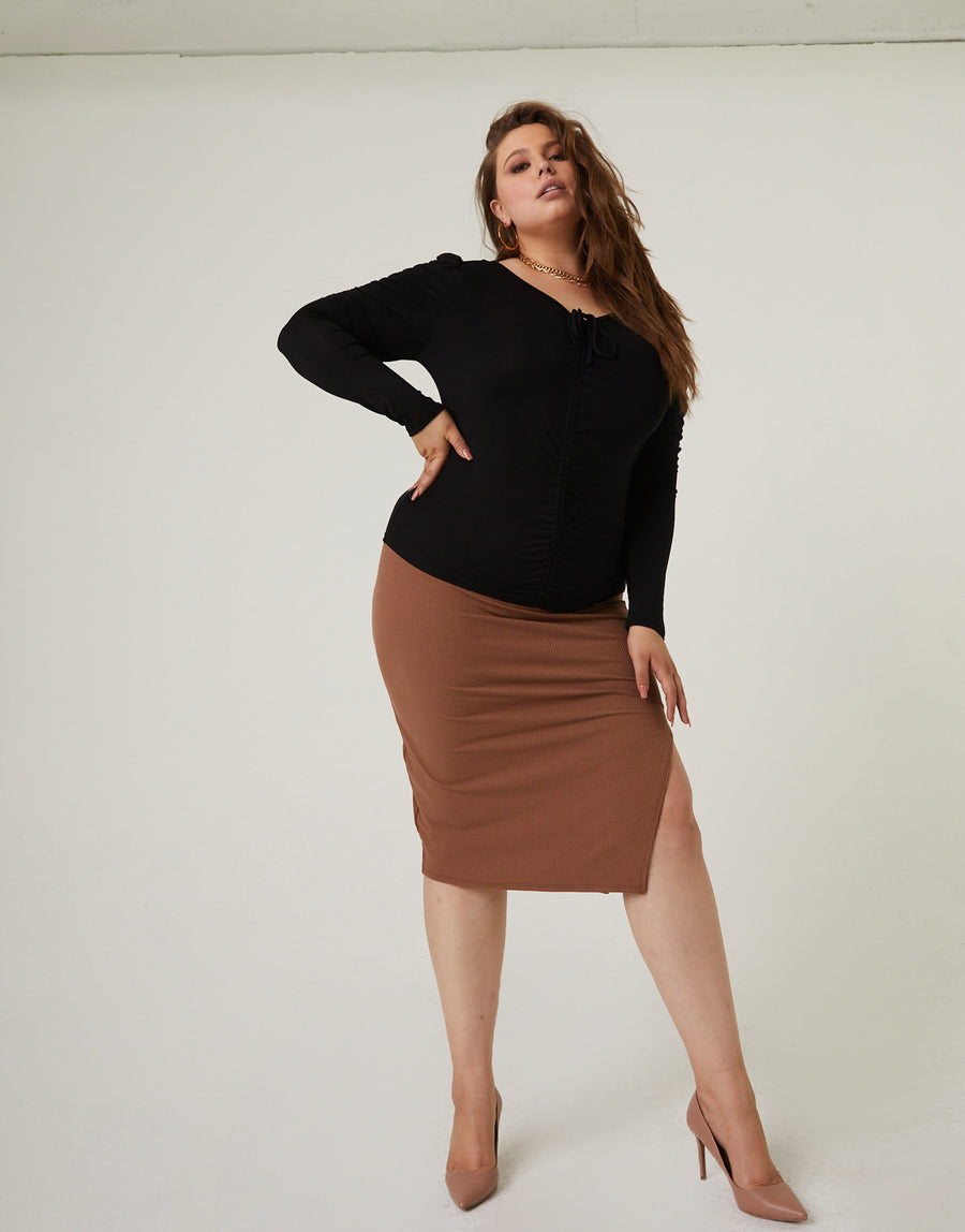 Curve Bodycon Skirt With Slit Plus Size Bottoms Brown 1XL -2020AVE