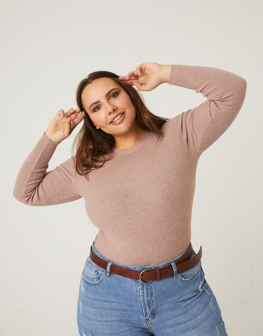 Curve Ribbed Long Sleeve Top Plus Size Tops Oatmeal 1XL -2020AVE
