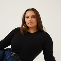 Curve Ribbed Long Sleeve Top Plus Size Tops Black 1XL -2020AVE