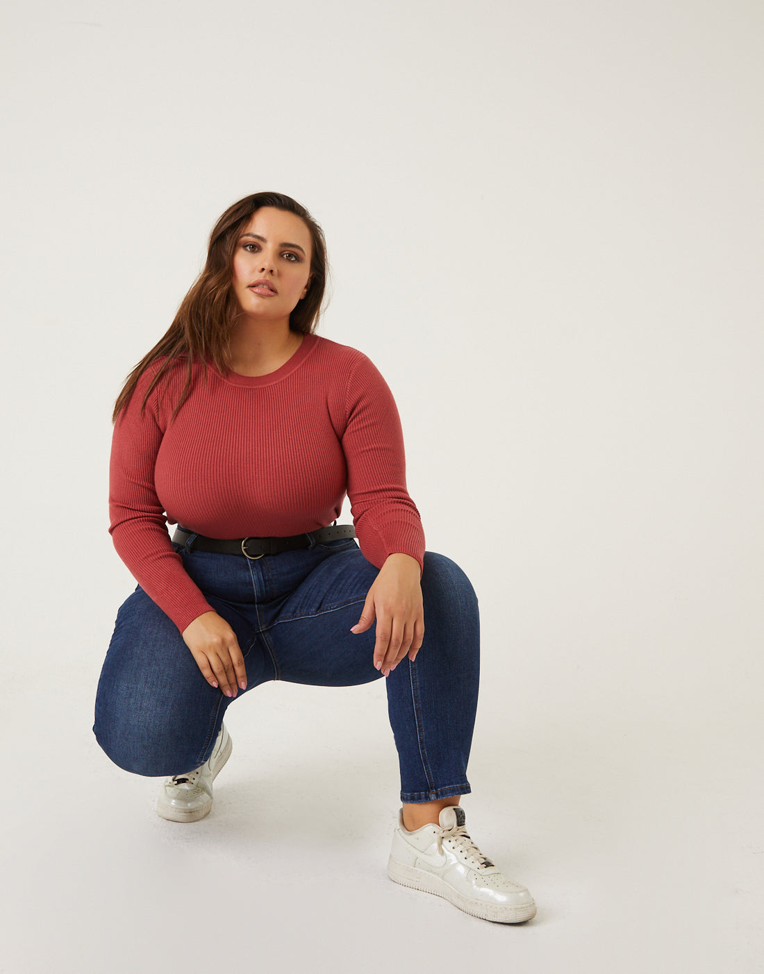 Curve Ribbed Long Sleeve Top Plus Size Tops Rust 1XL -2020AVE
