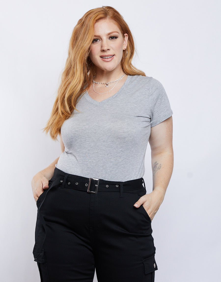 Curve Plain and Simple V-neck Tee Plus Size Tops Heather Gray 1XL -2020AVE