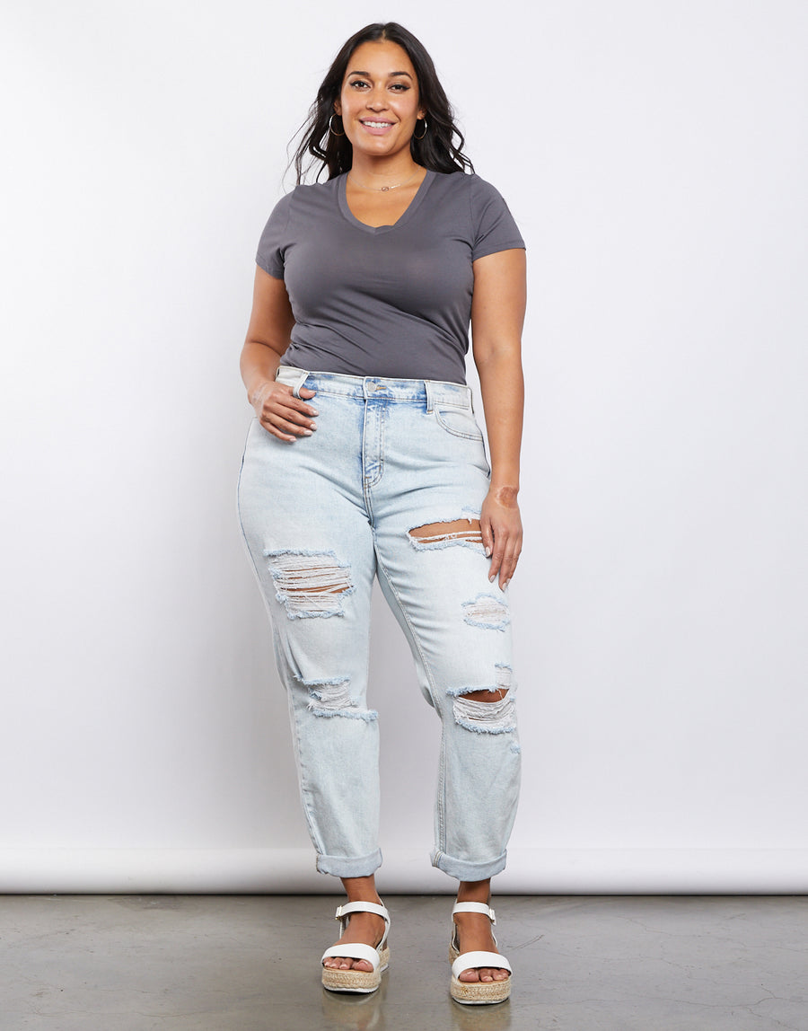 Curve Plain and Simple V-neck Tee Plus Size Tops -2020AVE