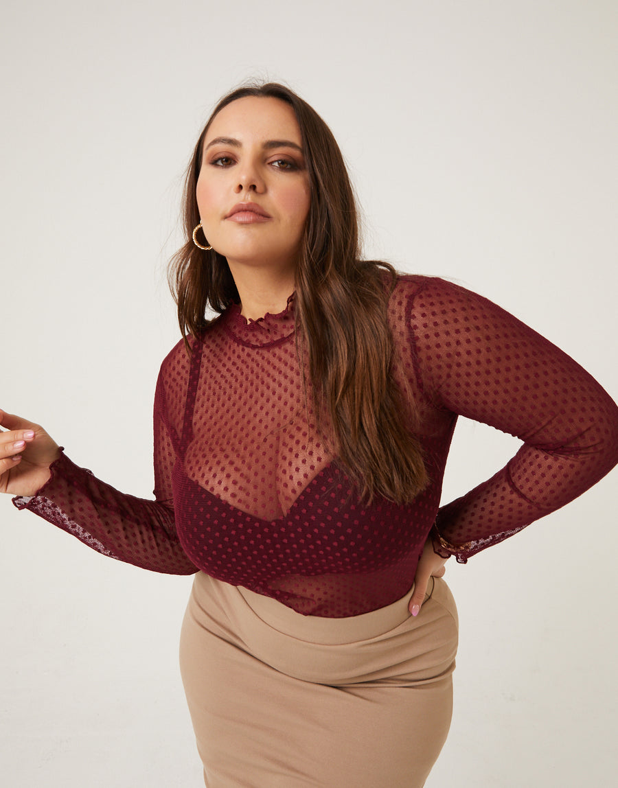 Curve Polka Dot Mesh Top Plus Size Tops -2020AVE
