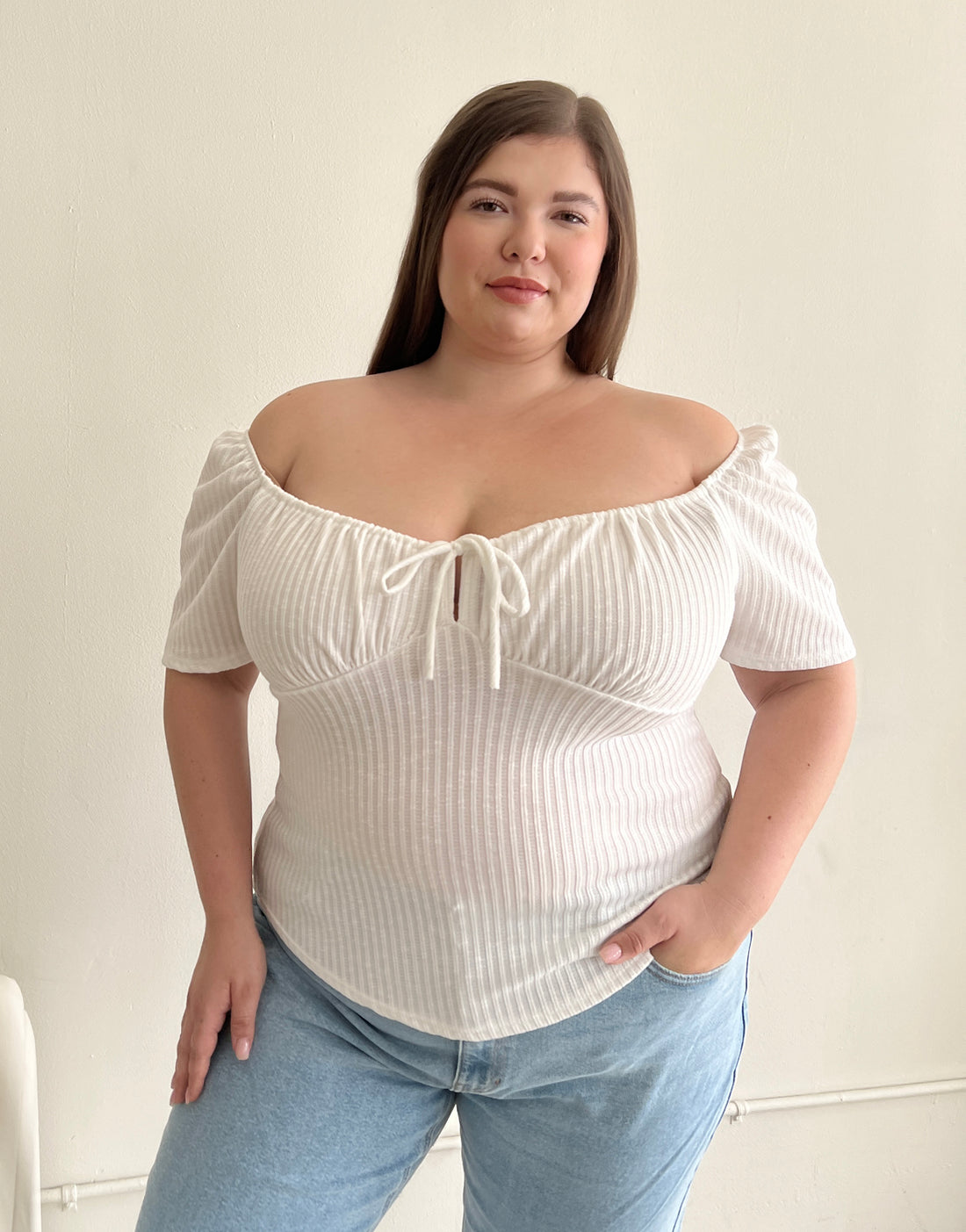 Plus Size Ruched Ribbed Tie Top Plus Size Tops White 1XL -2020AVE