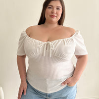 Plus Size Ruched Ribbed Tie Top Plus Size Tops White 1XL -2020AVE