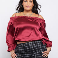 Curve Satin Ruffle Top Plus Size Tops Burgundy 1XL -2020AVE