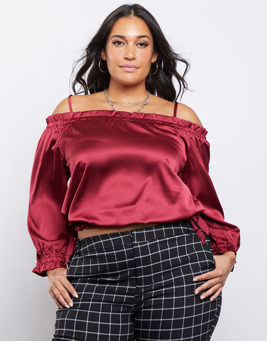 Curve Satin Ruffle Top Plus Size Tops Burgundy 1XL -2020AVE