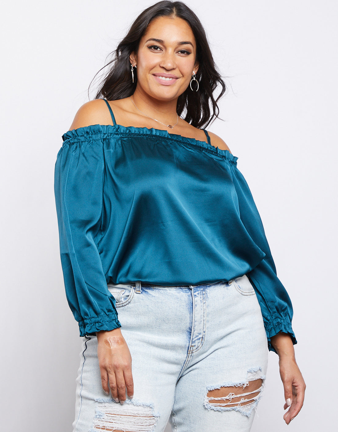 Curve Satin Ruffle Top Plus Size Tops Teal 1XL -2020AVE