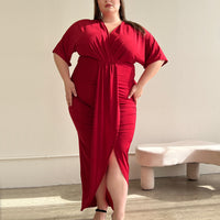 Plus Size Short Sleeve Gathered Midi Dress Plus Size Dresses Red 1XL -2020AVE