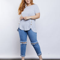 Curve Simple Button Up Tee Plus Size Tops Heather Gray 1XL -2020AVE