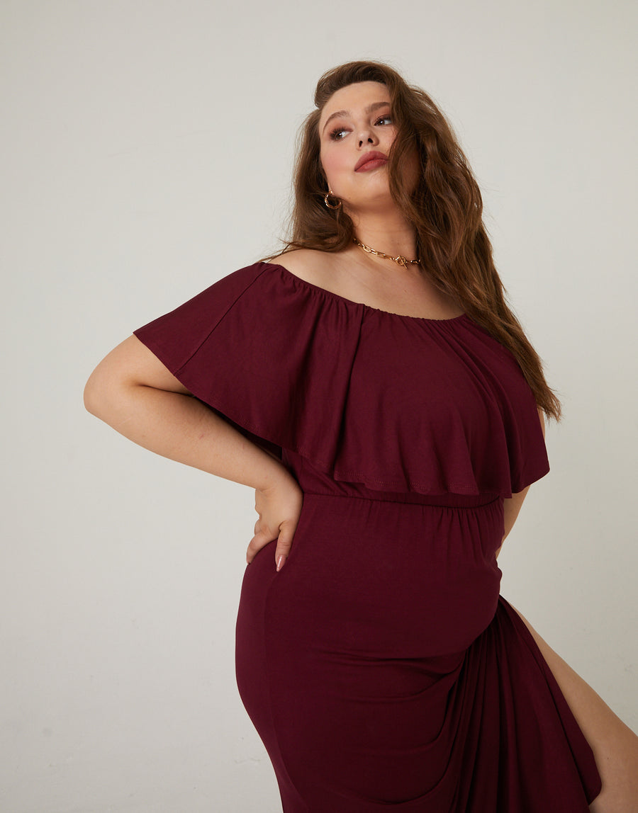 Curve Off-The-Shoulder Maxi Dress Plus Size Dresses Burgundy 1XL -2020AVE