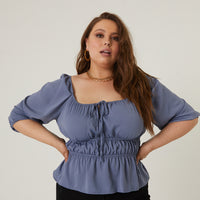 Curve Square Neck Gathered Top Plus Size Tops Blue 1XL -2020AVE