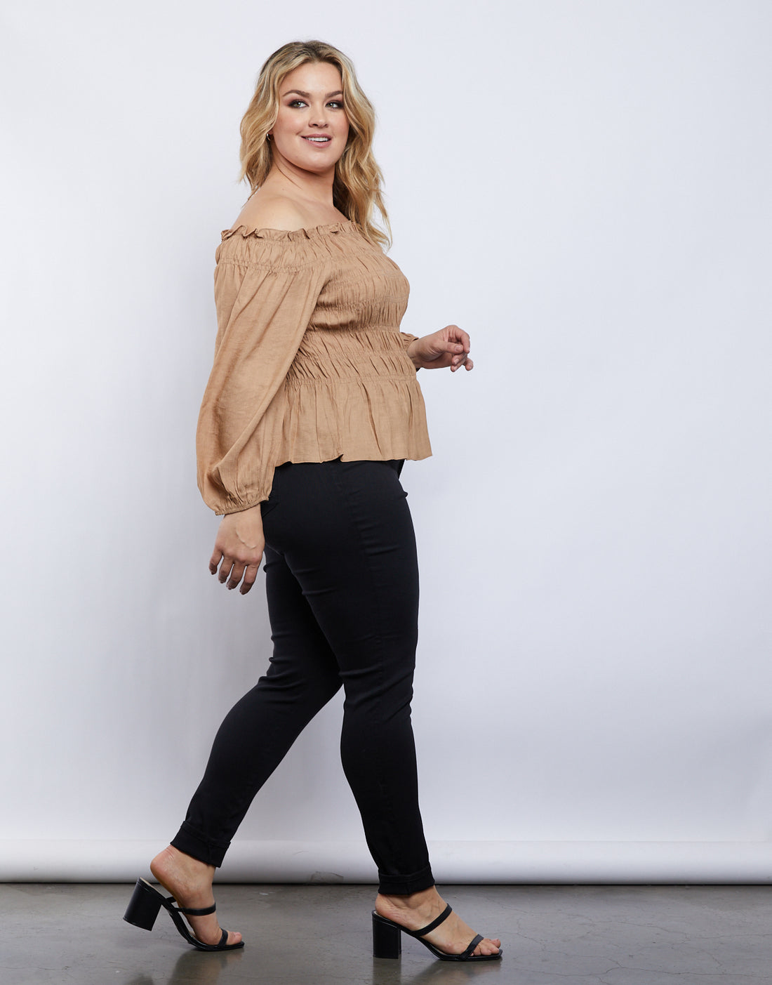 Curve Amy Smocked Long Sleeve Top Plus Size Tops Taupe 1XL -2020AVE