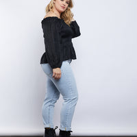 Curve Amy Smocked Long Sleeve Top Plus Size Tops Black 1XL -2020AVE