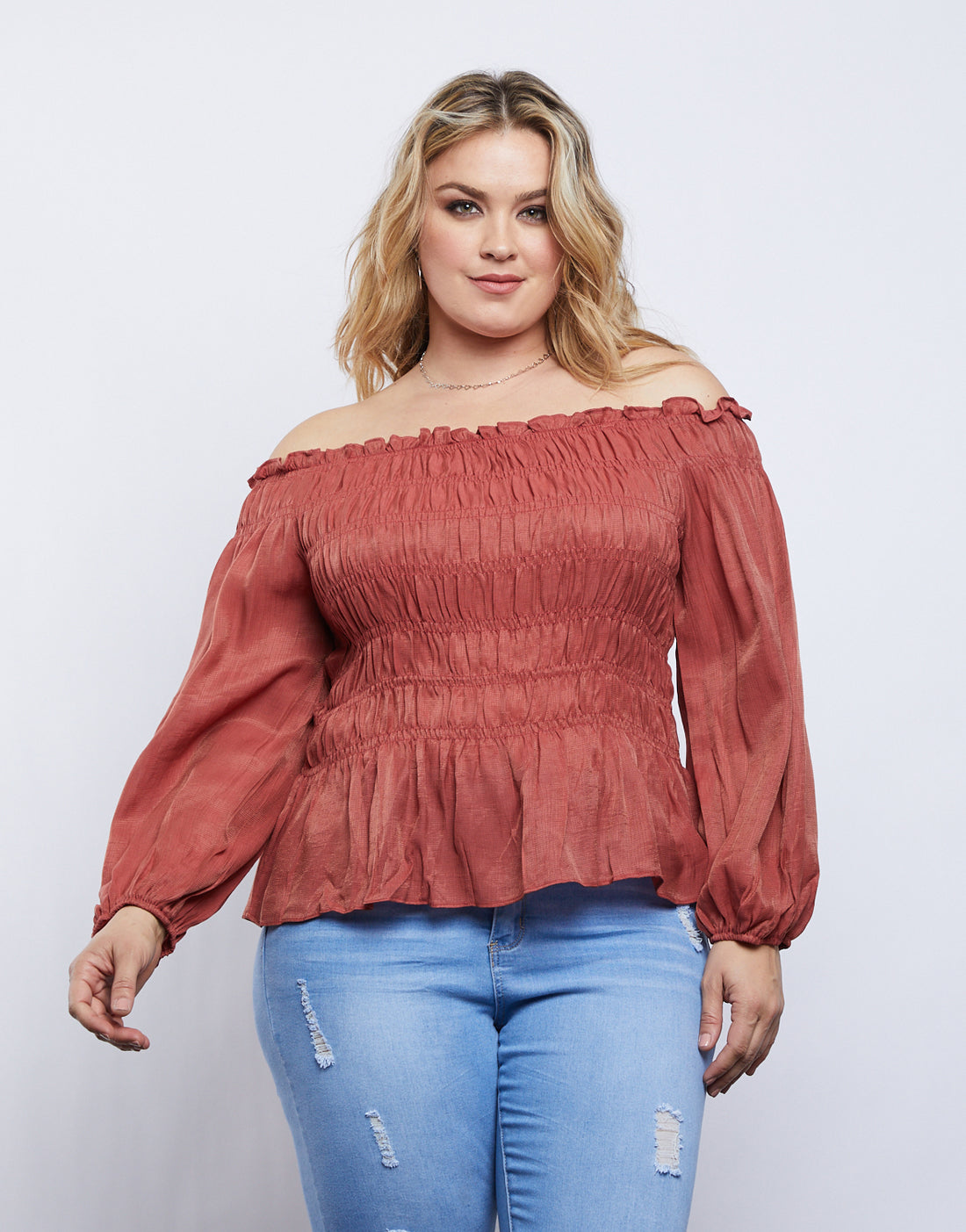 Curve Amy Smocked Long Sleeve Top Plus Size Tops Rust 1XL -2020AVE