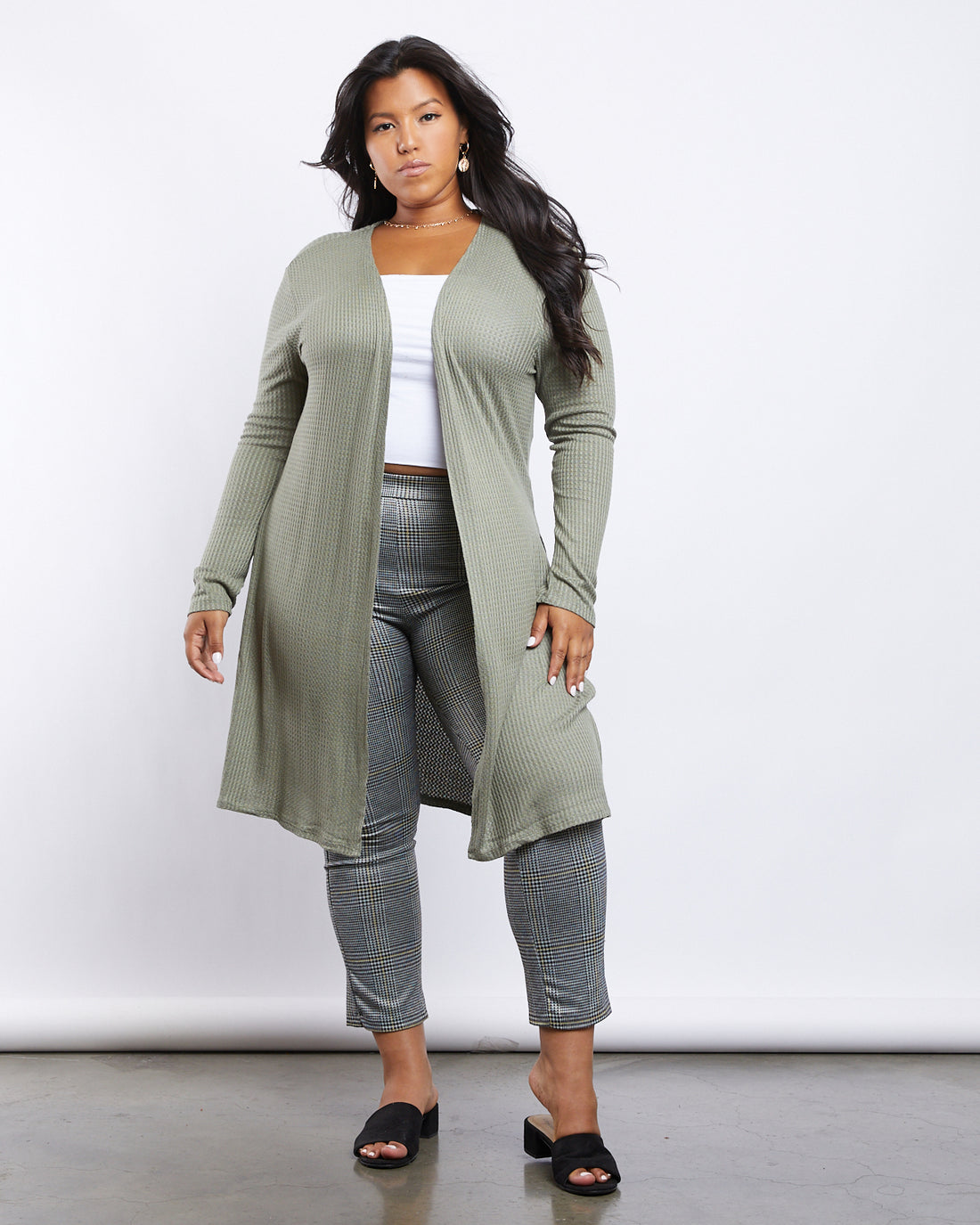 Curve Anna Waffle Knit Cardigan Plus Size Outerwear Olive 1XL -2020AVE
