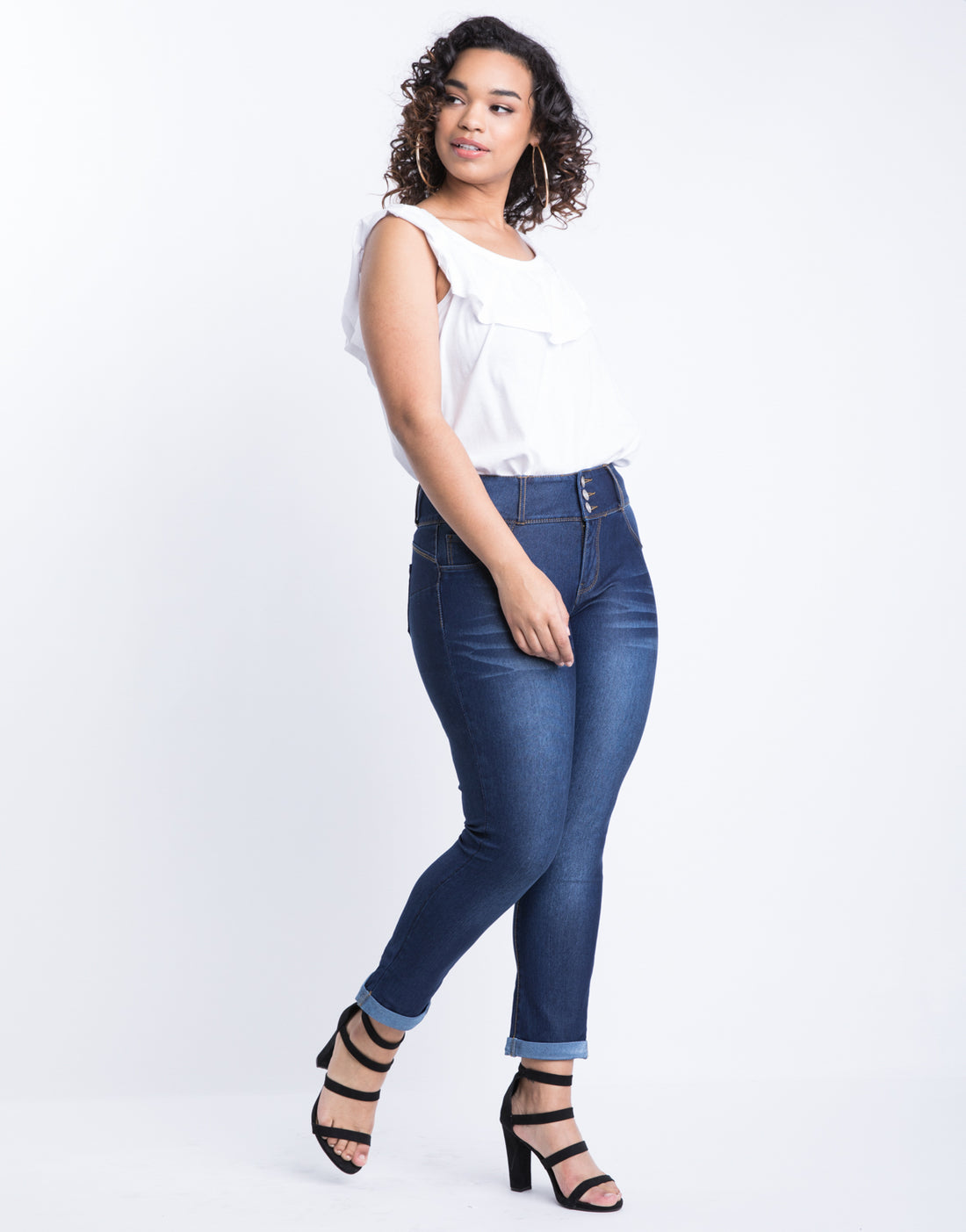 Curve Buttoned Up Cuffed Skinny Jeans Plus Size Bottoms -2020AVE