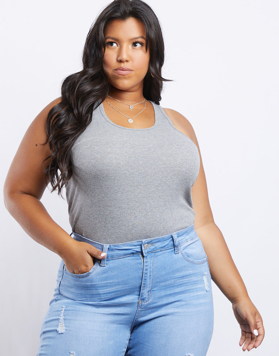 Curve Carly Ribbed Knit Tank Plus Size Tops Heather Gray XL -2020AVE