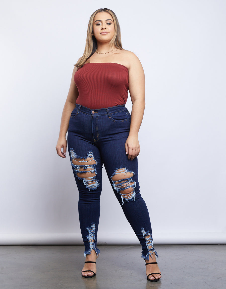 Curve Cassidy Distressed Jeans Plus Size Bottoms Dark Blue 1XL -2020AVE