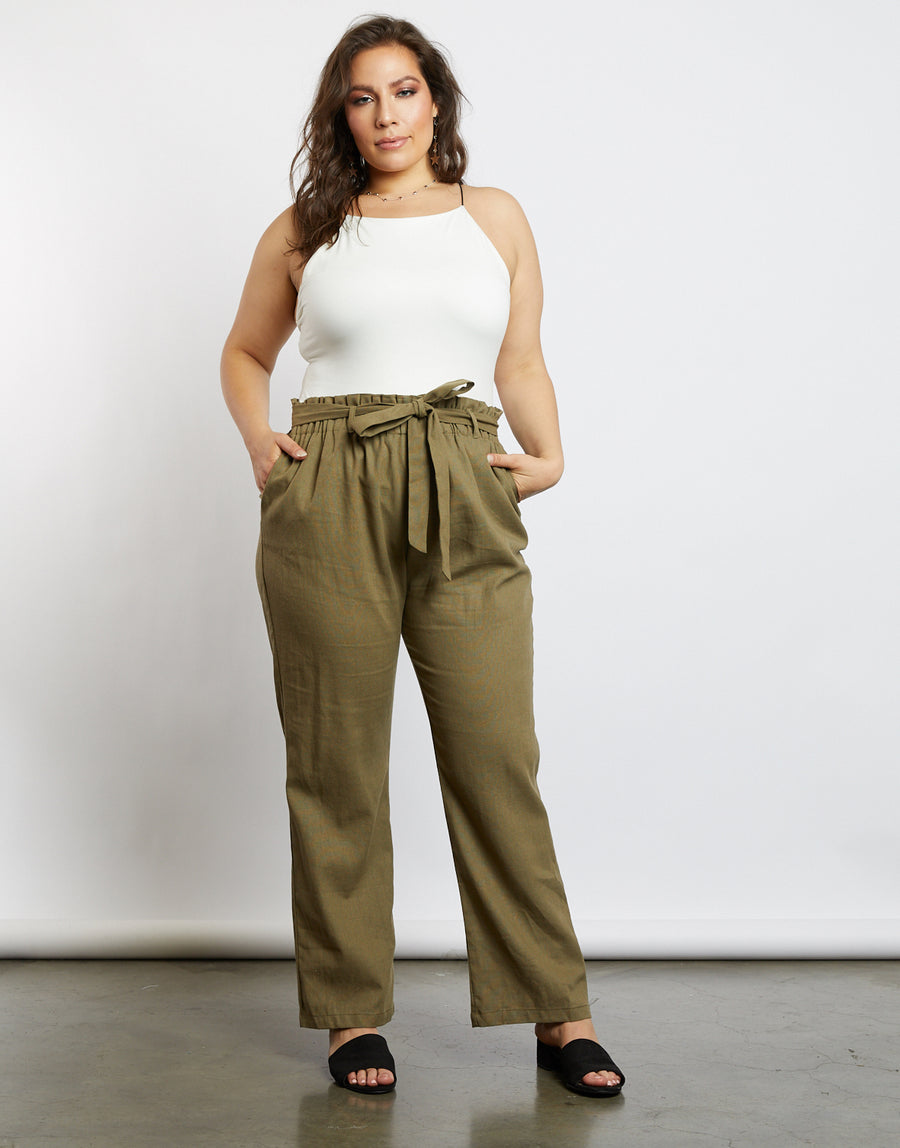 Curve Chloe High Waisted Paper Bag Pants Plus Size Bottoms Olive XL -2020AVE