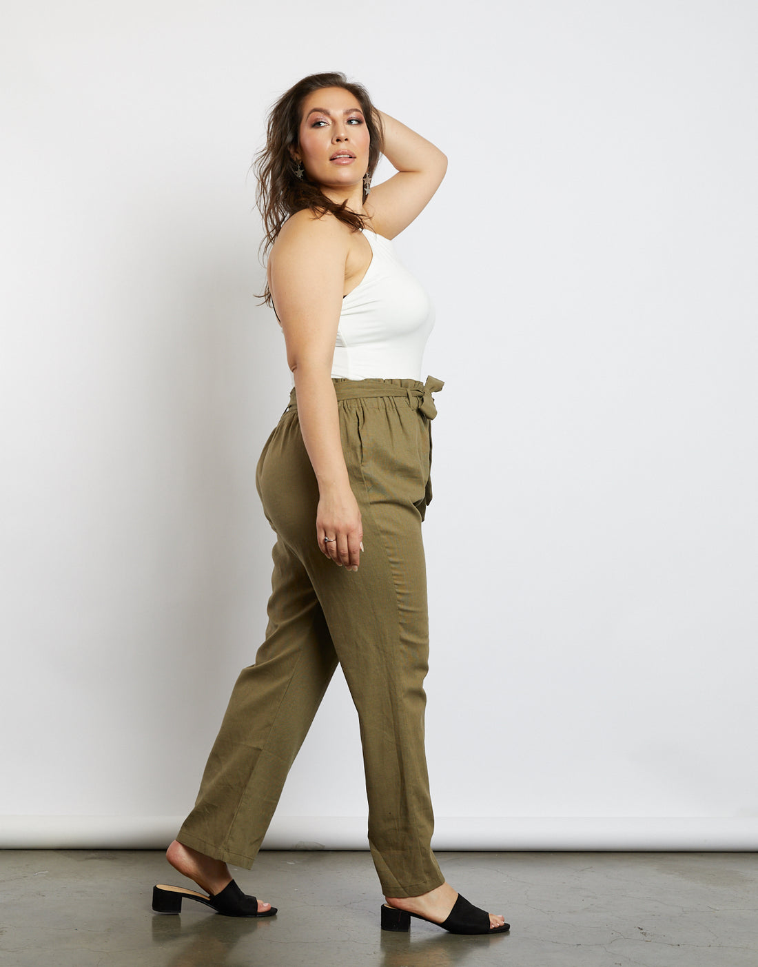Women's Plus Size Pant Papper Bag Work Pants Zip Up Ruffle Waist