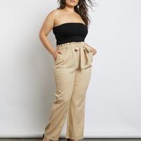 Curve Chloe High Waisted Paper Bag Pants Plus Size Bottoms Khaki XL -2020AVE