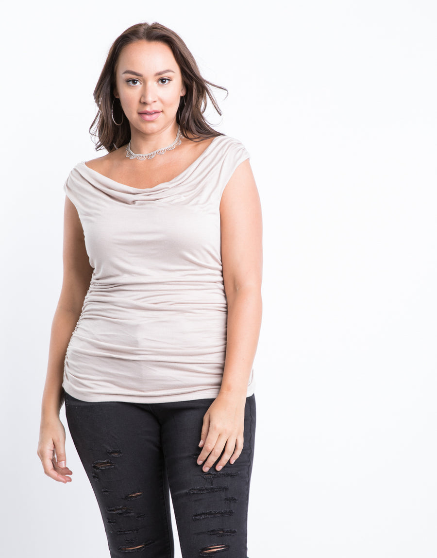 Curve Cowl Neck Top Plus Size Tops Light Taupe 1XL -2020AVE