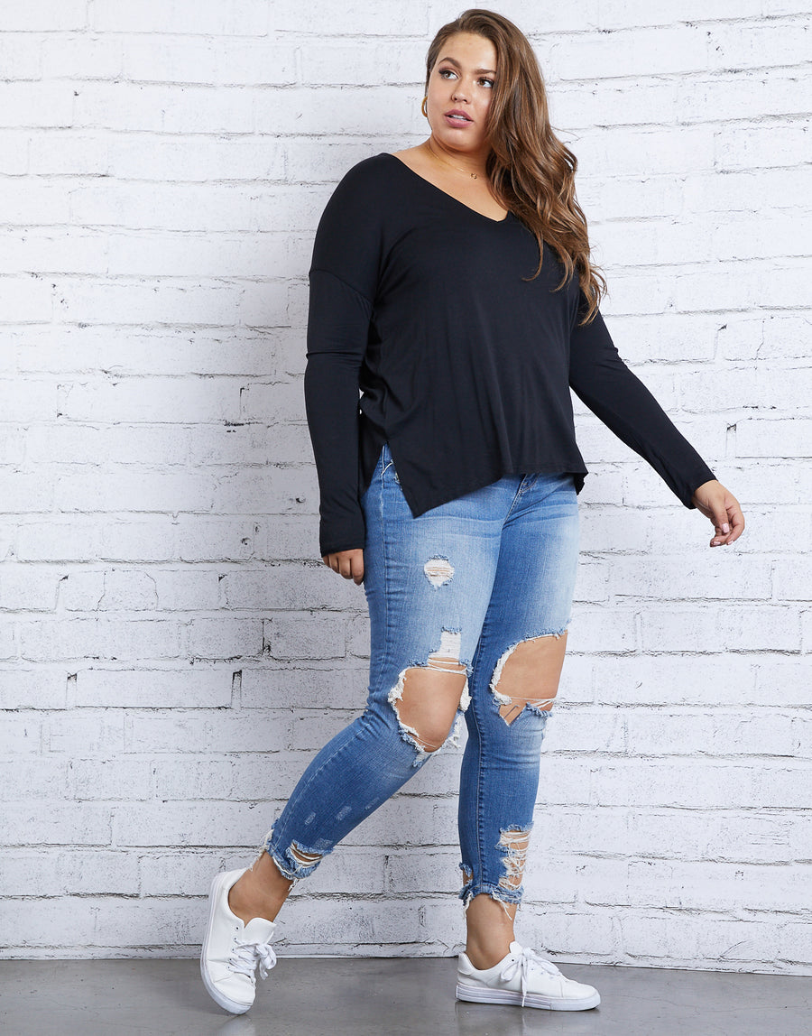 Curve Cozy Long Sleeve Tee Plus Size Tops Black 1XL -2020AVE