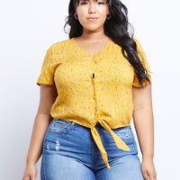Curve Danielle Floral Short Sleeve Top Plus Size Tops Mustard XL -2020AVE