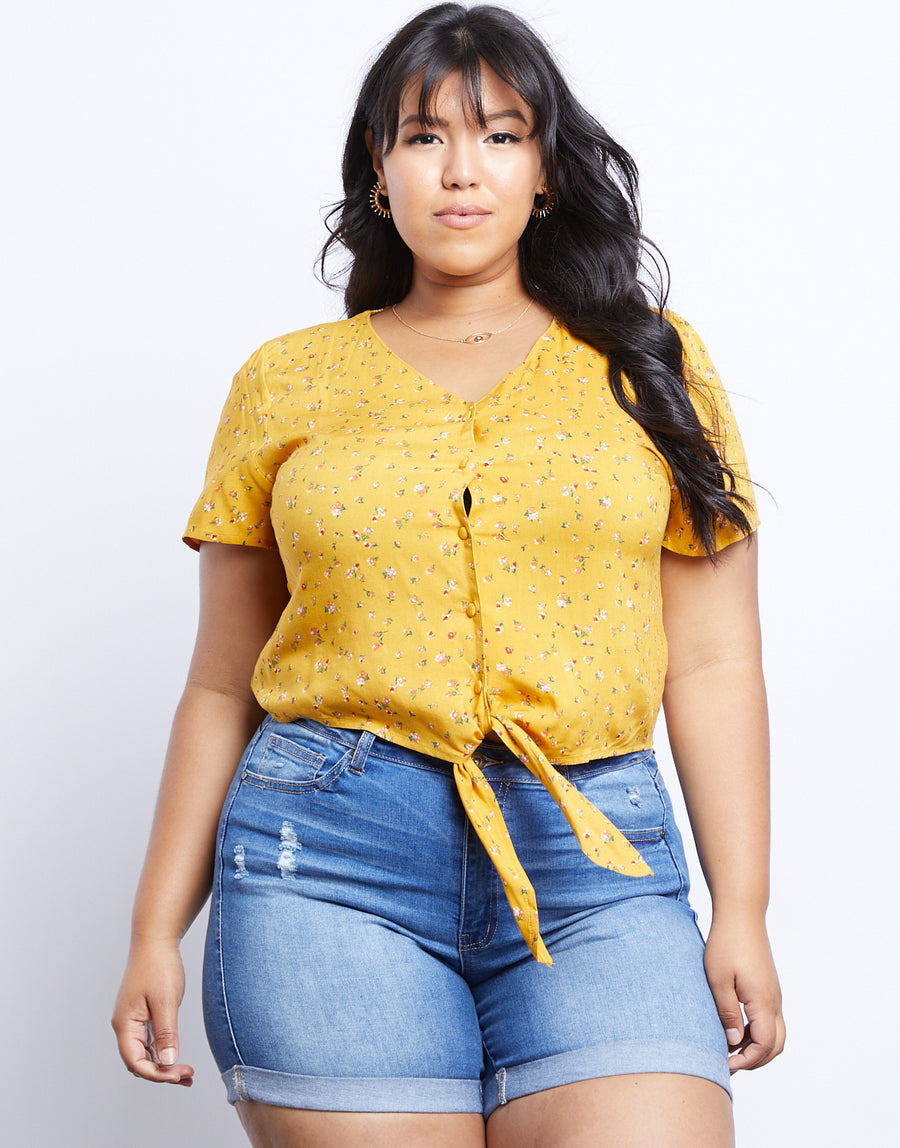 Curve Danielle Floral Short Sleeve Top Plus Size Tops Mustard XL -2020AVE