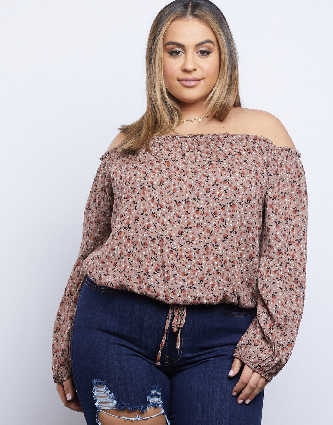 Curve Darling Dainty Floral Print Top Plus Size Tops Taupe 1XL -2020AVE