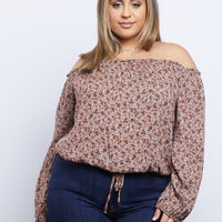 Curve Darling Dainty Floral Print Top Plus Size Tops Taupe 1XL -2020AVE