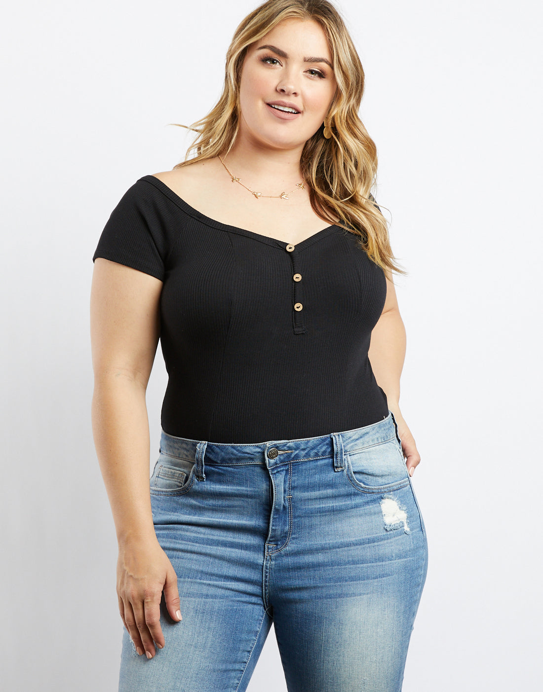 Curve Every Day Off The Shoulder Bodysuit Plus Size Tops Black 1XL -2020AVE