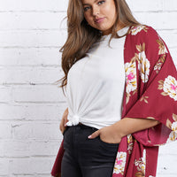 Curve Fall Beauty Floral Cardigan Plus Size Outerwear Wine 1XL -2020AVE