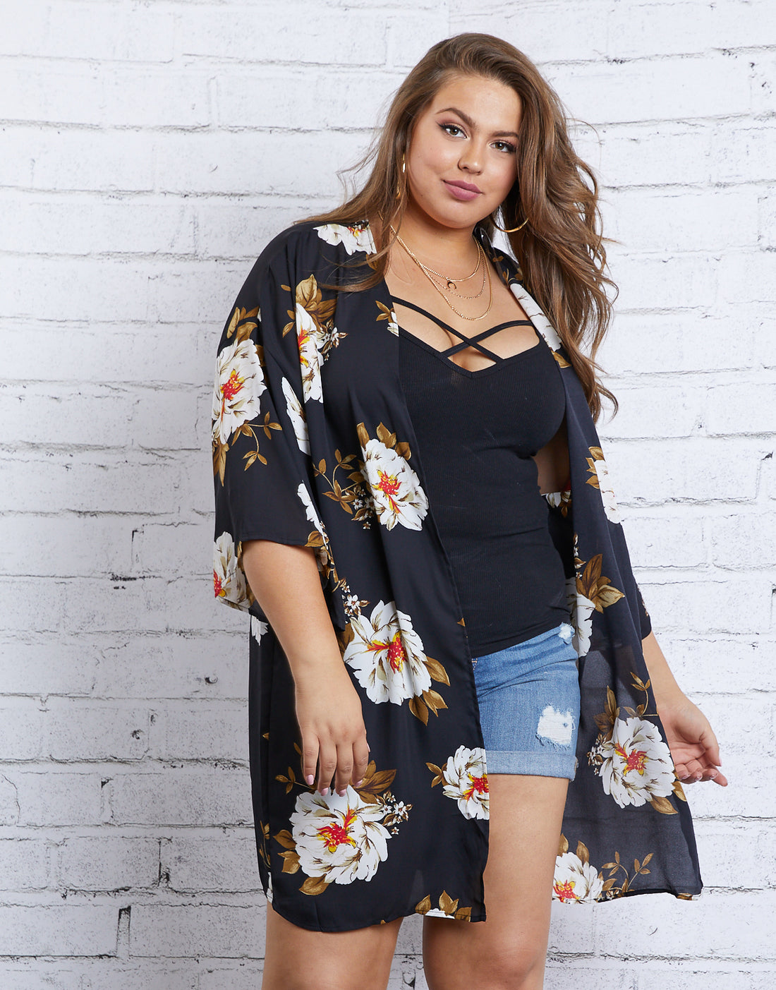 Curve Fall Beauty Floral Cardigan Plus Size Outerwear Black 1XL -2020AVE