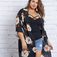 Curve Fall Beauty Floral Cardigan Plus Size Outerwear Black 1XL -2020AVE