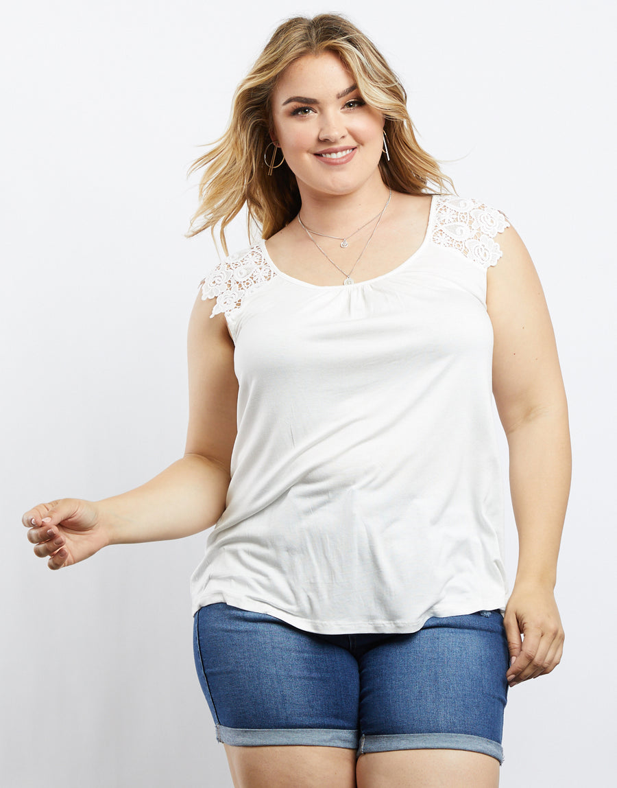 Curve Gillian Lace Sleeve Tee Plus Size Tops Ivory 1XL -2020AVE