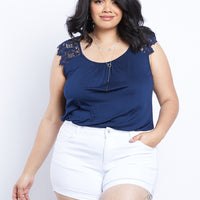 Curve Gillian Lace Sleeve Tee Plus Size Tops Navy 1XL -2020AVE
