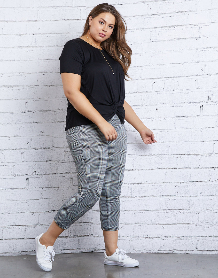 Curve Houndstooth Leggings Plus Size Bottoms Light Gray 1XL -2020AVE