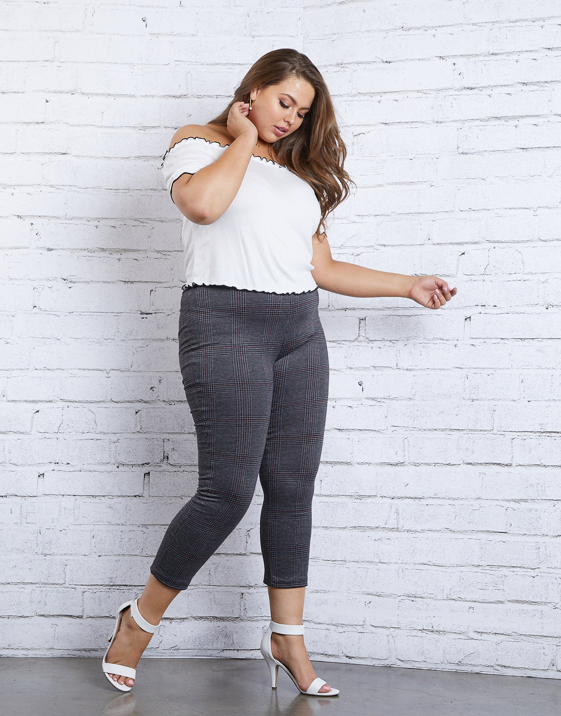 Curve Houndstooth Leggings Plus Size Bottoms Dark Gray 1XL -2020AVE