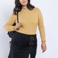 Curve Izzy Striped Mock Neck Bodysuit Plus Size Tops Mustard 1XL -2020AVE