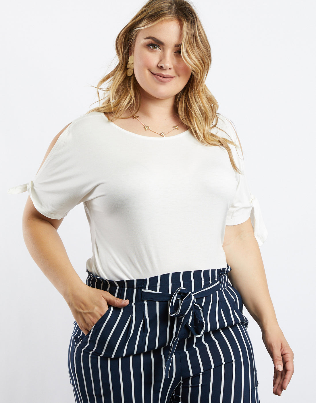 Curve Jolie Tie Sleeves Tee Plus Size Tops White 1XL -2020AVE
