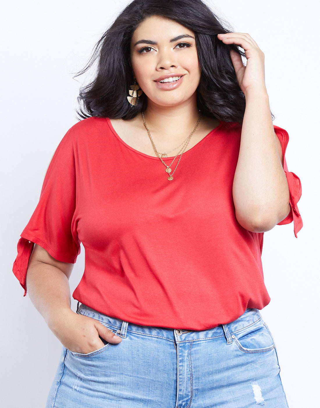 Curve Jolie Tie Sleeves Tee Plus Size Tops Red 1XL -2020AVE